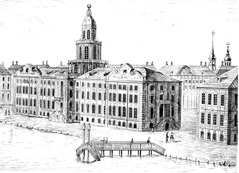 Здание «Палаты Санкт-Петербургской Академии Наук, Библиотеки и Кунсткамеры», старая гравюра